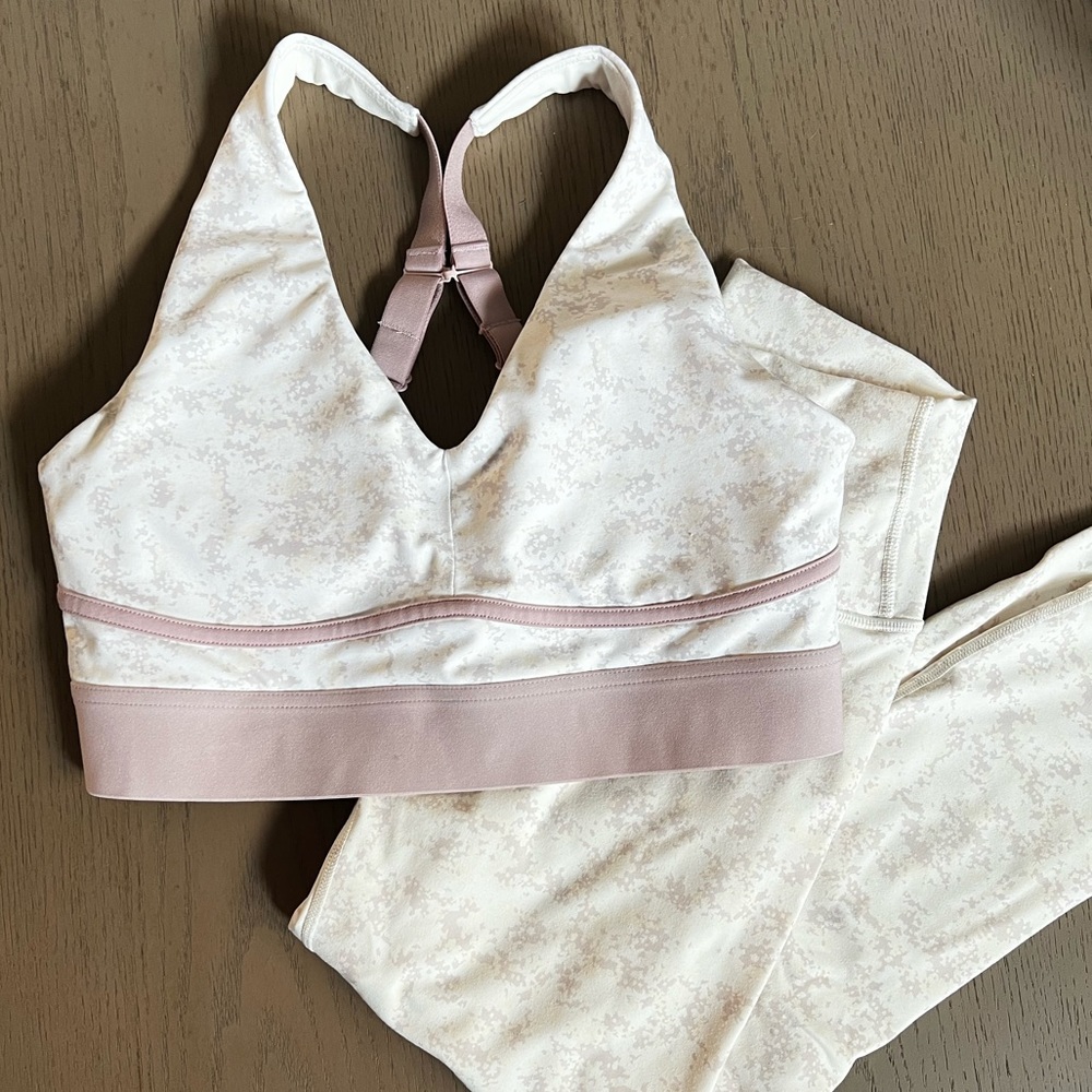 Fabletics Powerhold Leggings Set with Sports Bra - Cream and Pink